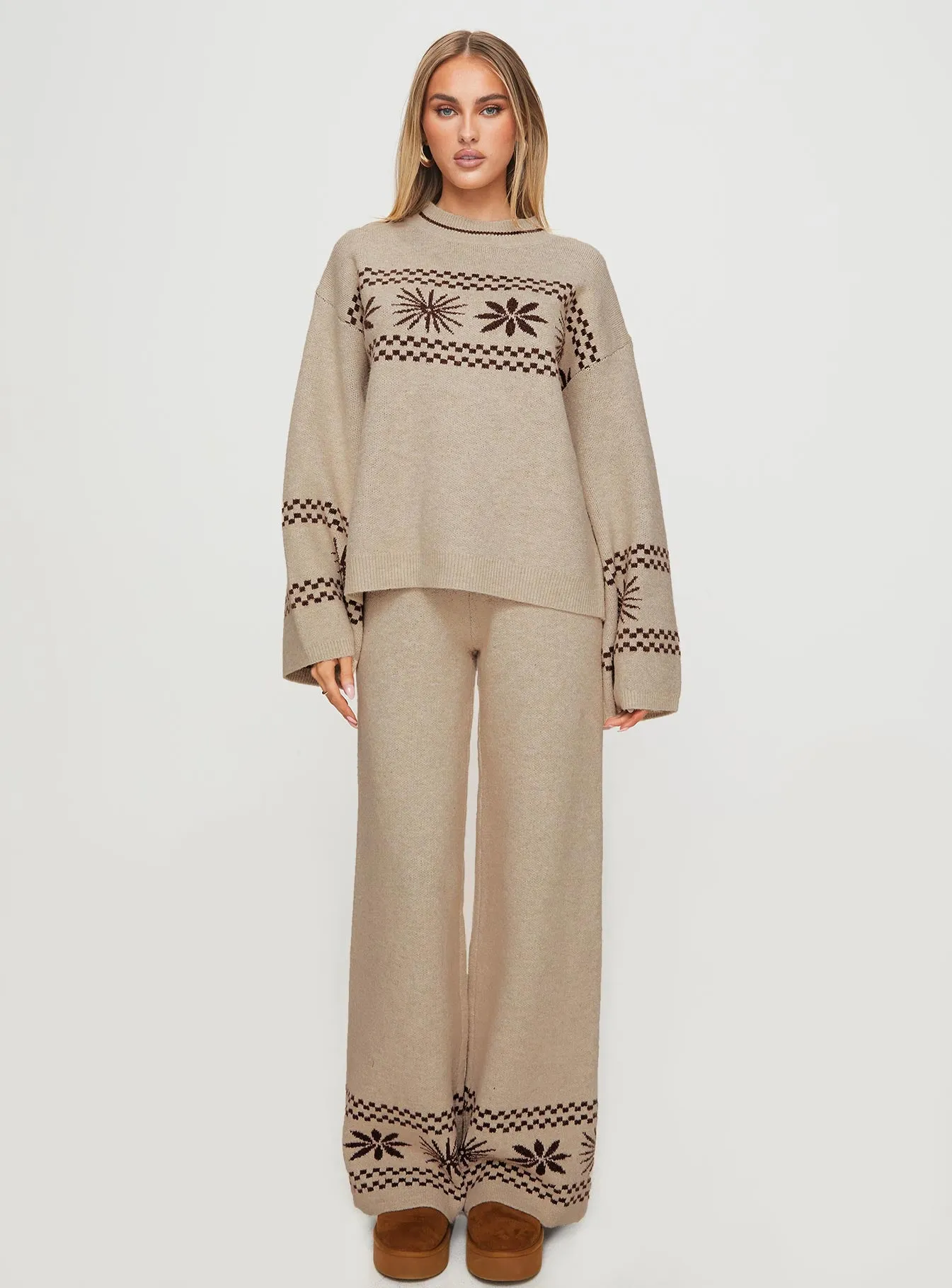 Anok Graphic Sweater Cream / Brown