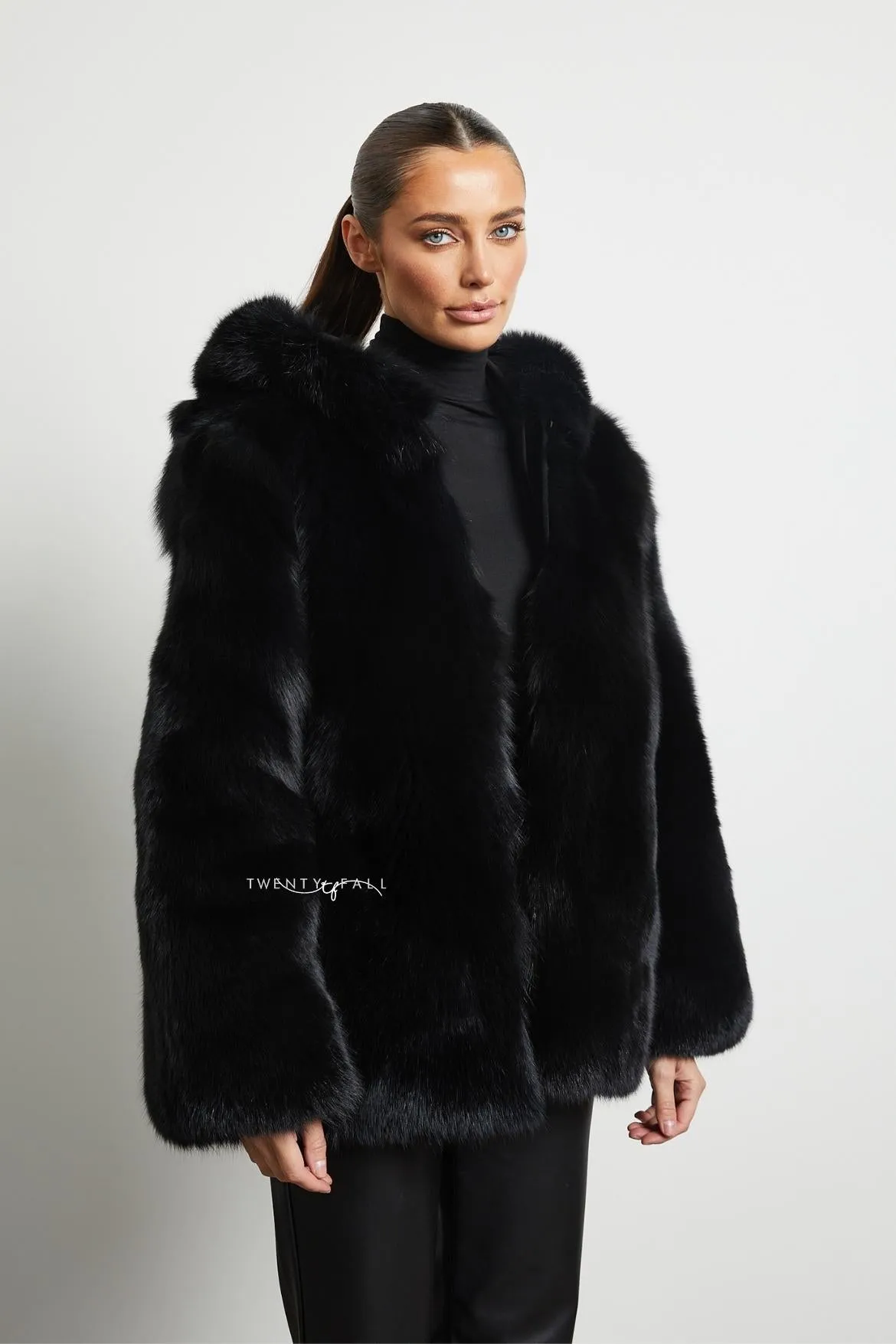 Black Fox Fur Coat with Full Pelt Fur Sleeves and Hood