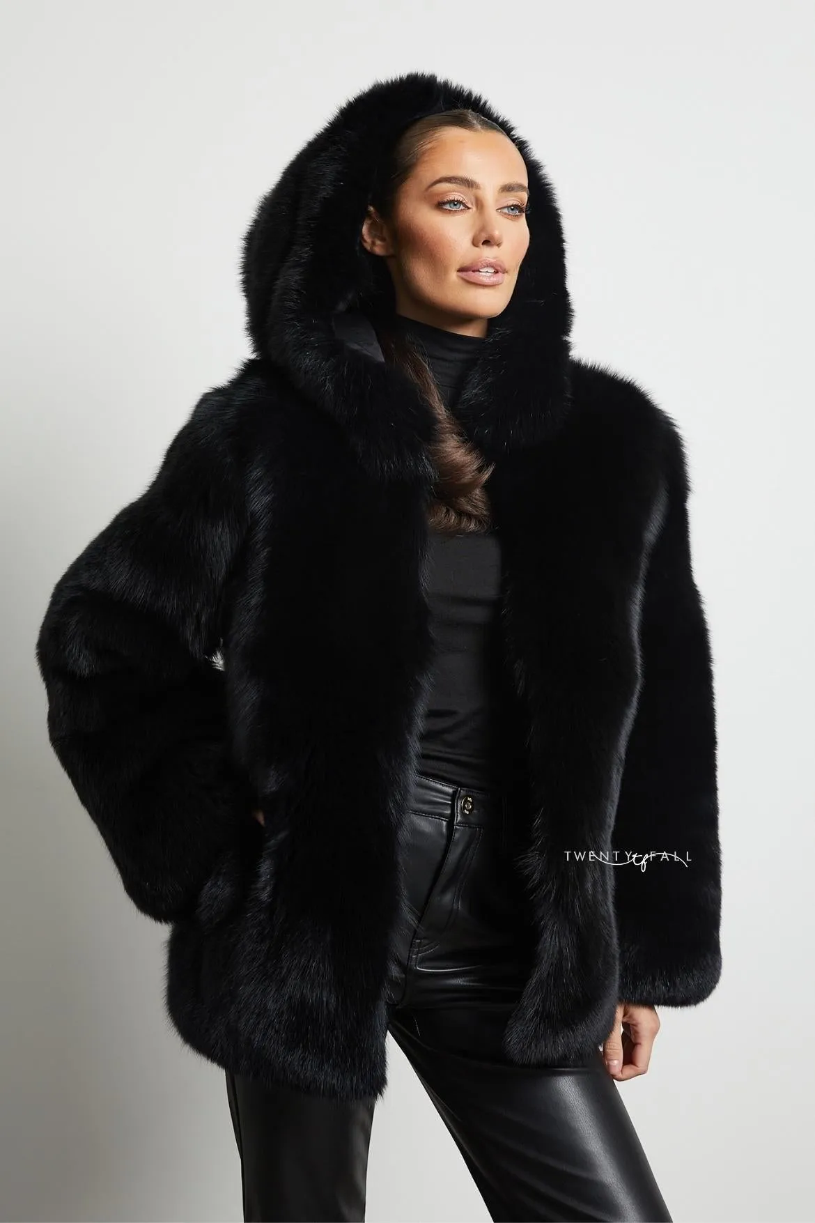 Black Fox Fur Coat with Full Pelt Fur Sleeves and Hood