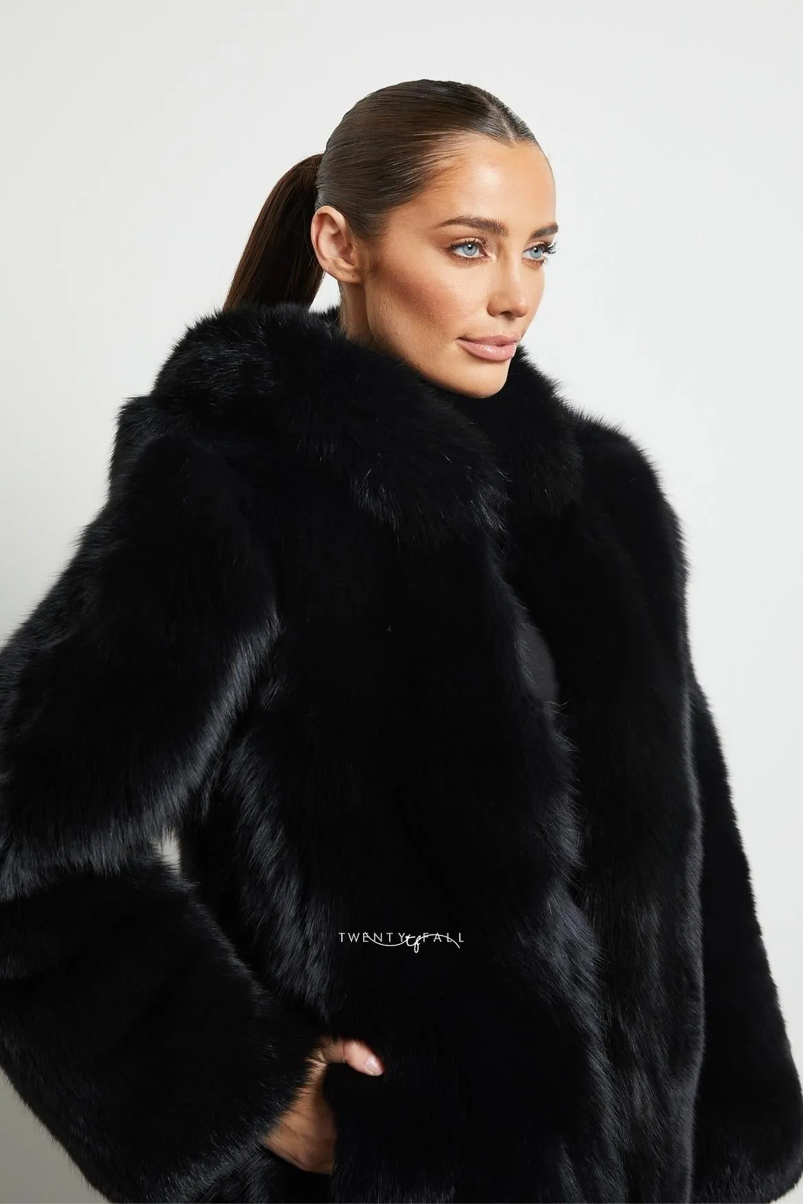 Black Fox Fur Coat with Full Pelt Fur Sleeves and Hood