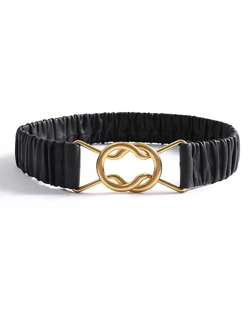 Black Pu Leather Elastic Gold Buckle Belt