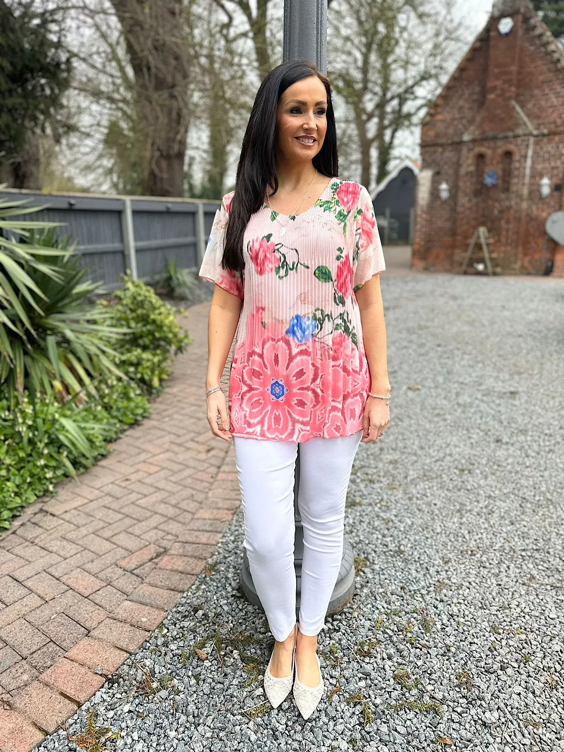 Coral Pleated Colour Blend Floral Blouse Bethany