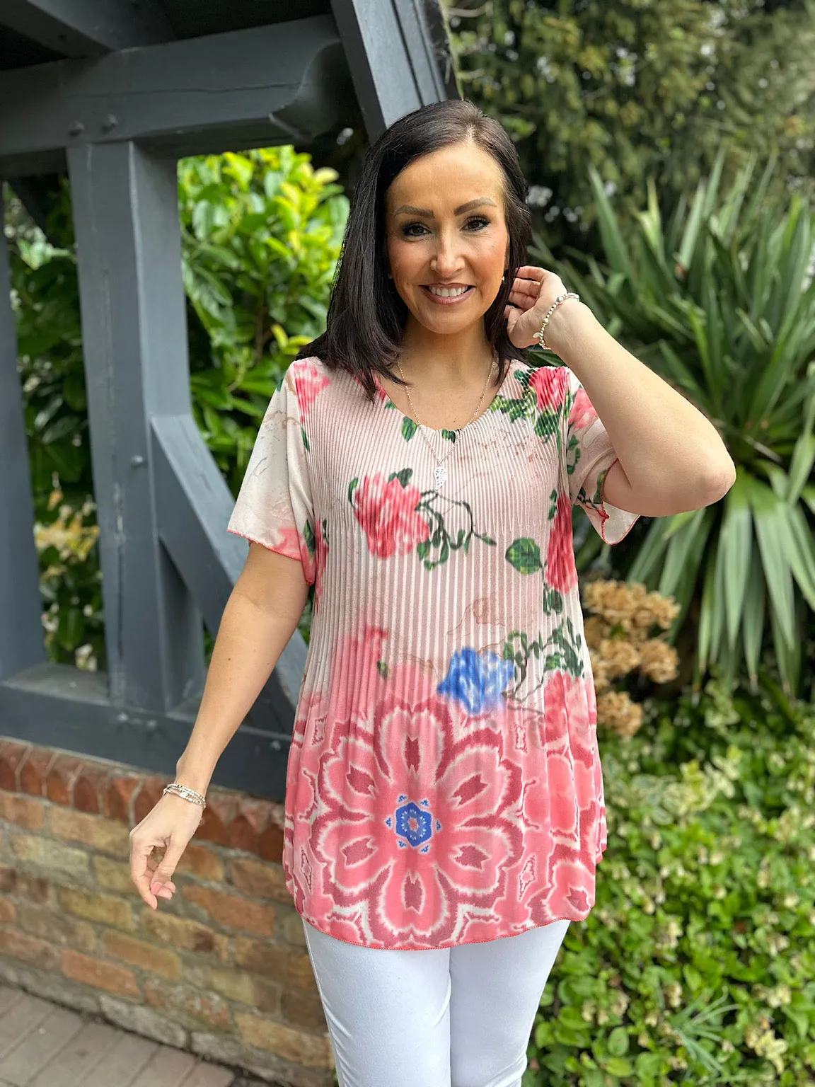 Coral Pleated Colour Blend Floral Blouse Bethany