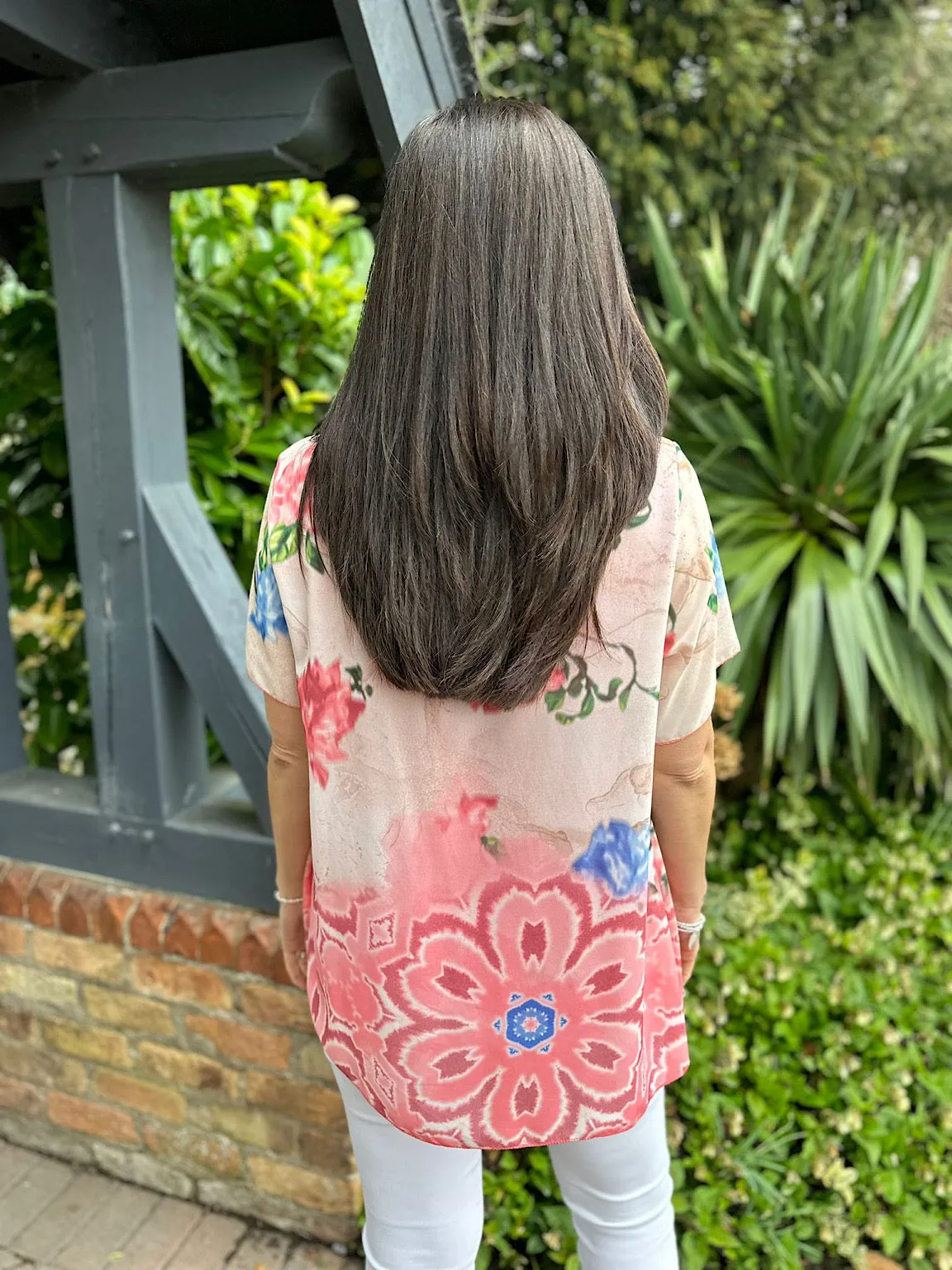 Coral Pleated Colour Blend Floral Blouse Bethany