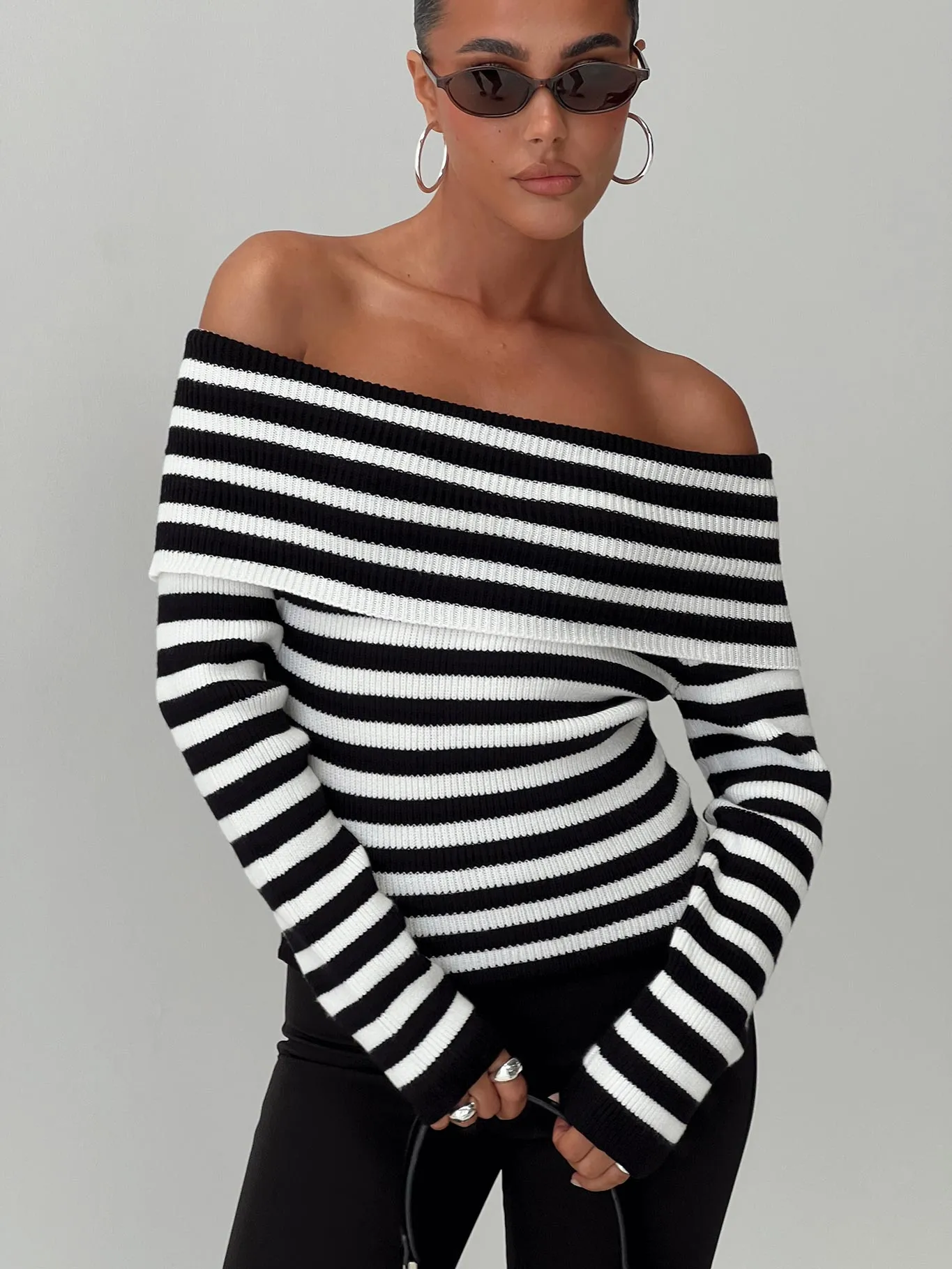 Danyel Off The Shoulder Sweater Black / White Stripe