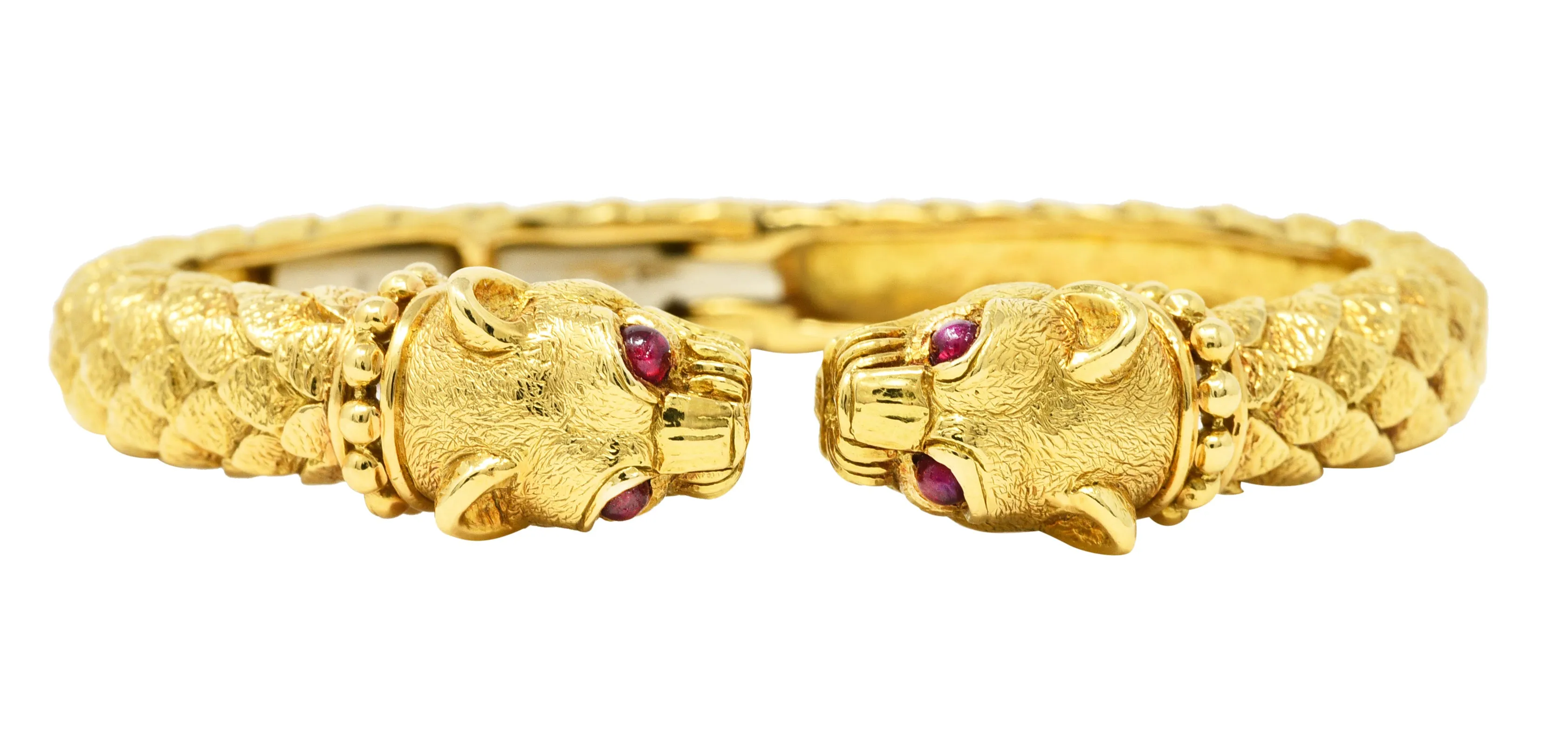 David Webb Ruby 18 Karat Yellow Gold Panther Head Kingdom Cuff Bracelet