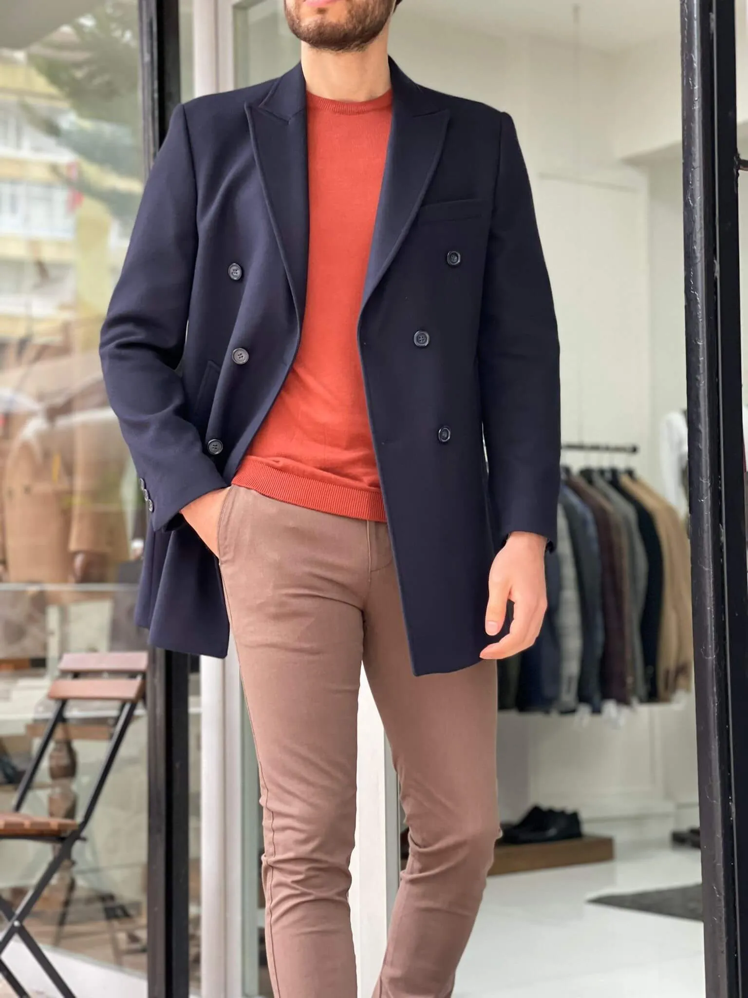 Double Breasted Navy Blue Wool Coat