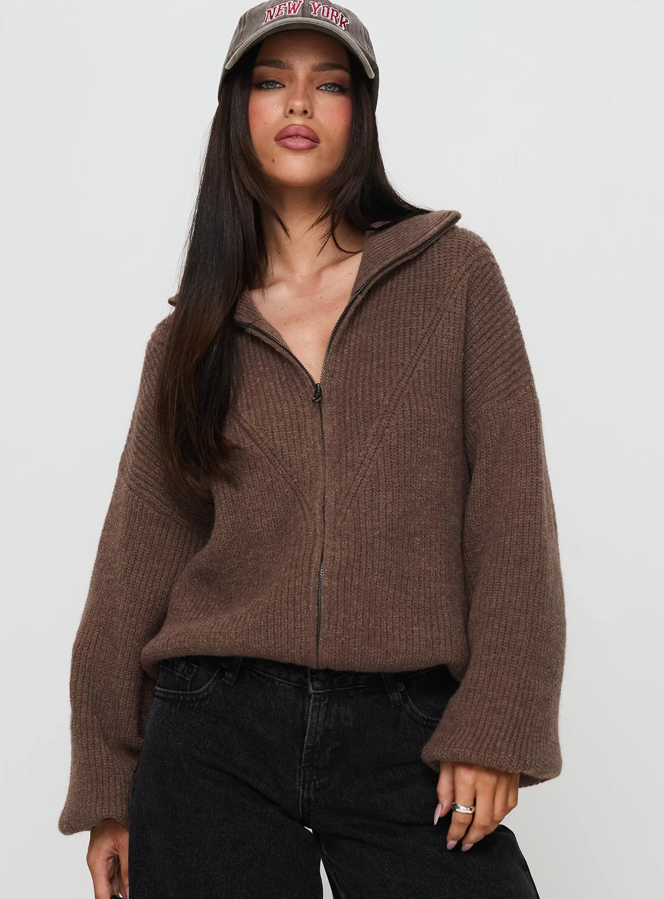 Hertford Zip Through Knit Sweater Brown