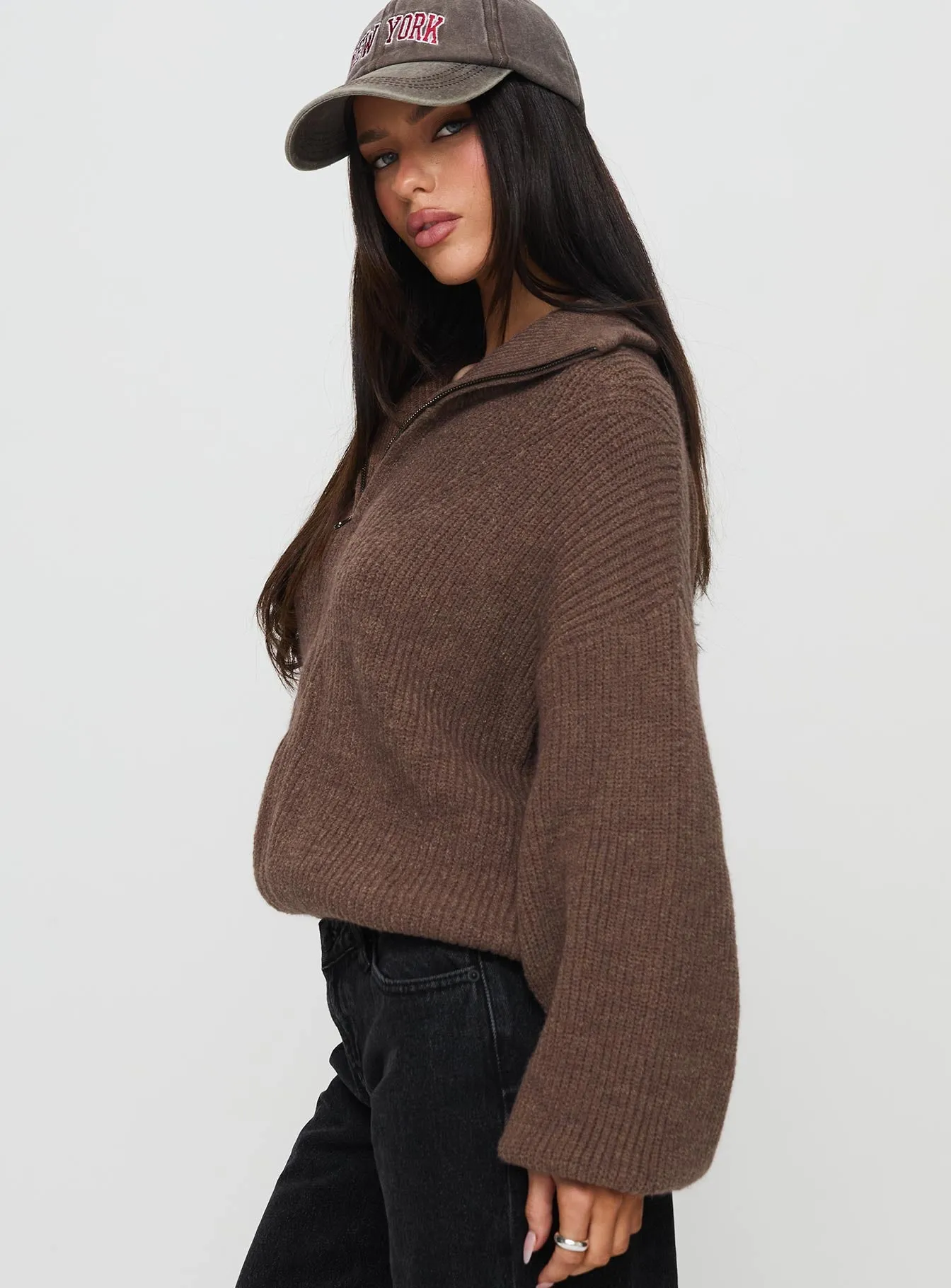 Hertford Zip Through Knit Sweater Brown