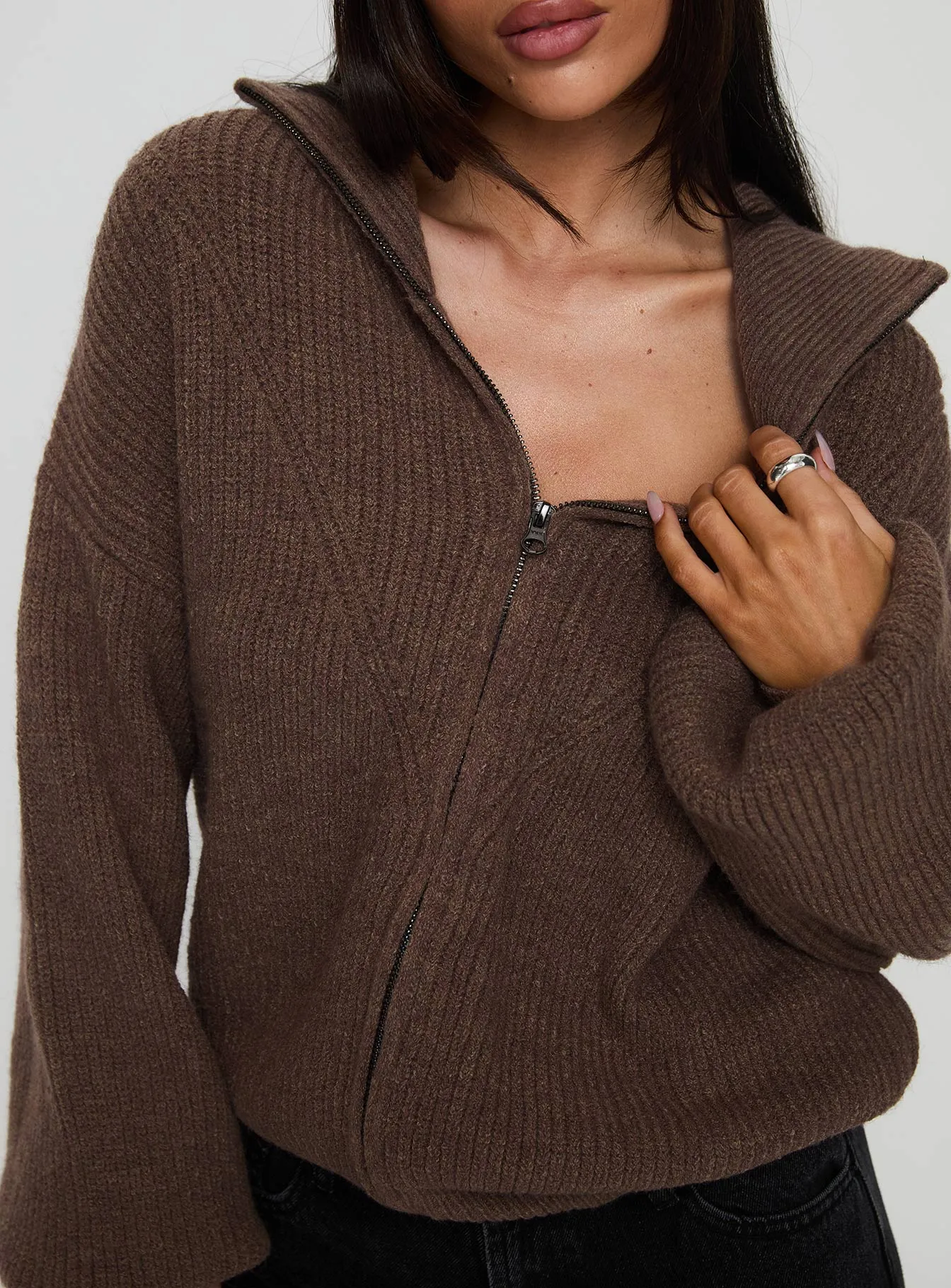 Hertford Zip Through Knit Sweater Brown