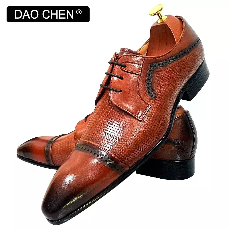 ITALIAN MEN DRESS SHOES ENGRAVED PLAID SHOES LACE UP GENUINE LEATHER