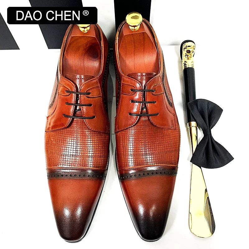 ITALIAN MEN DRESS SHOES ENGRAVED PLAID SHOES LACE UP GENUINE LEATHER