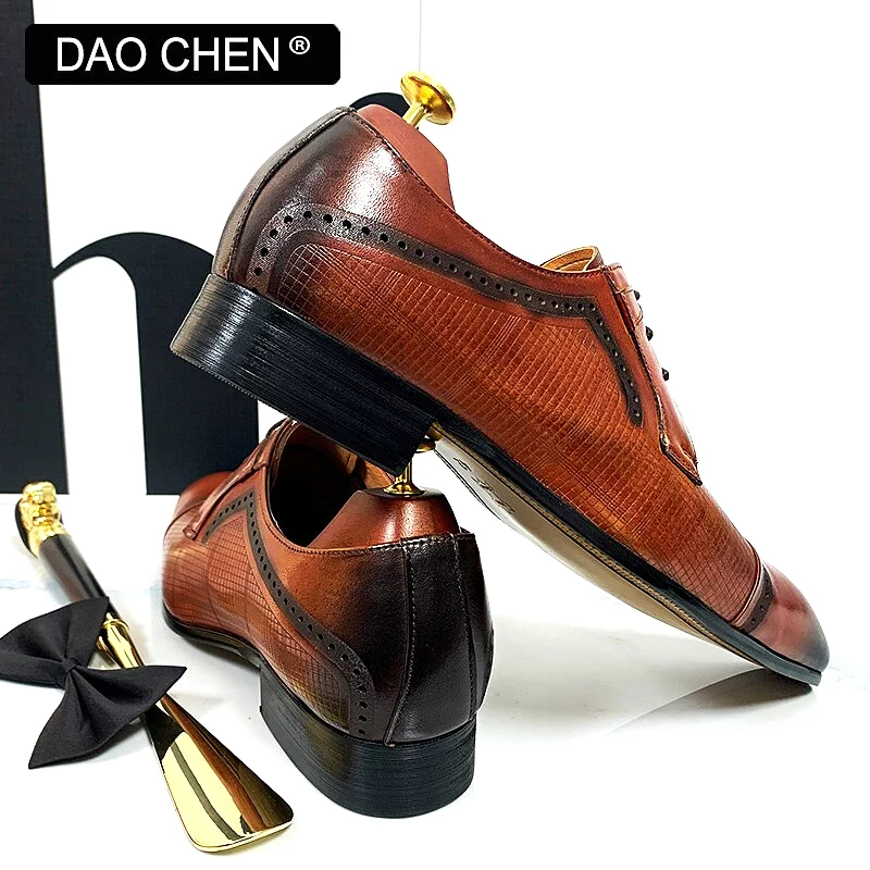 ITALIAN MEN DRESS SHOES ENGRAVED PLAID SHOES LACE UP GENUINE LEATHER