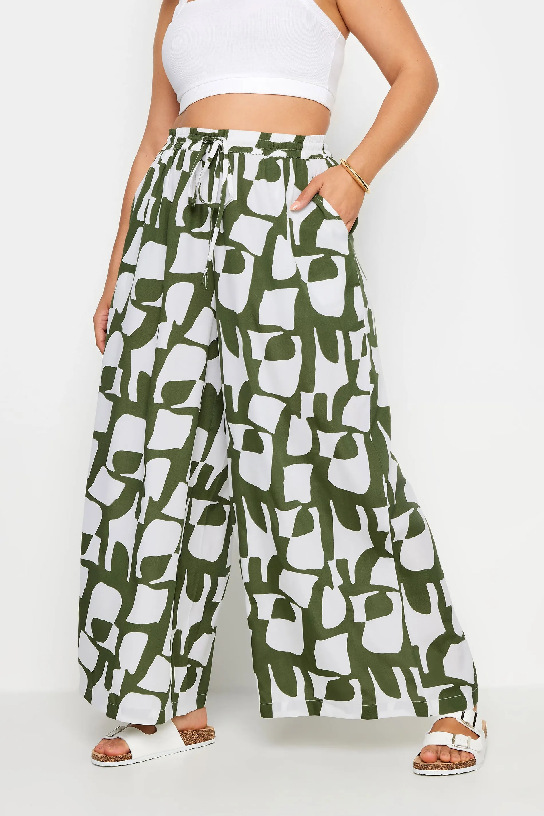 LIMITED COLLECTION Curve Green Abstract Print Drawstring Wide Leg Trousers