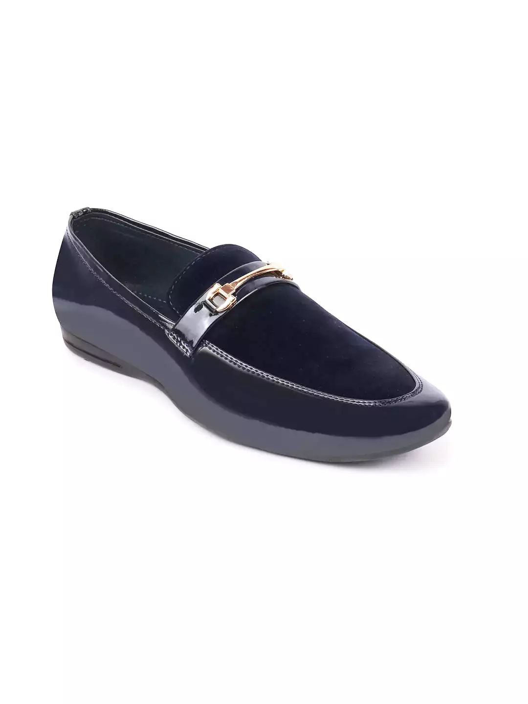 Men Blue Patent Leather Velvet Horsebit Classic Formal Buckle Loafer Shoes