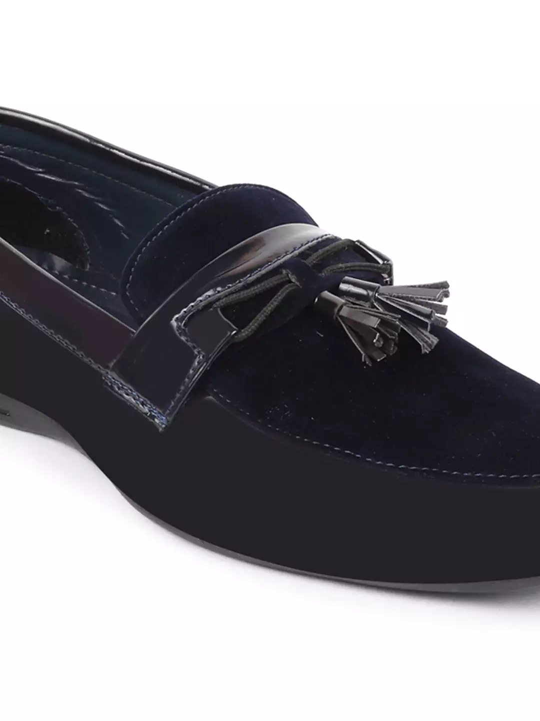 Men Blue Patent Leather Velvet Stylish Horsebit Buckle Formal Tassel Loafer Shoes