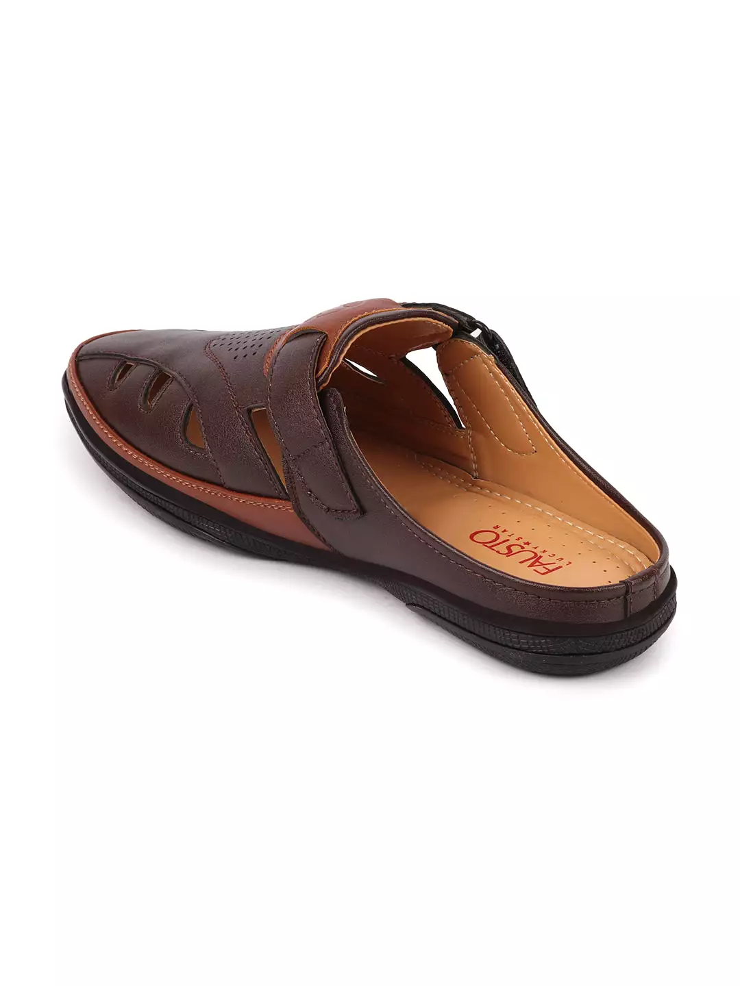 Men Brown Back Open Laser Cut Design Slip On Sandal with Ankle Strap