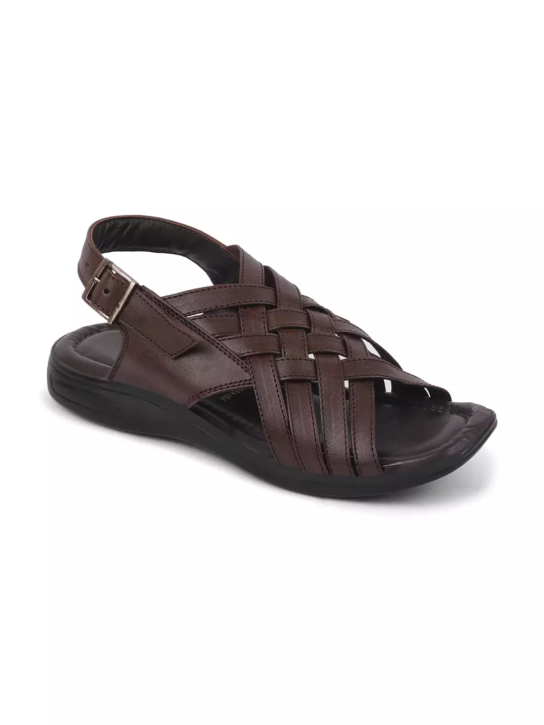 Men Brown Buckle Criss Cross Strap Leather Sandals