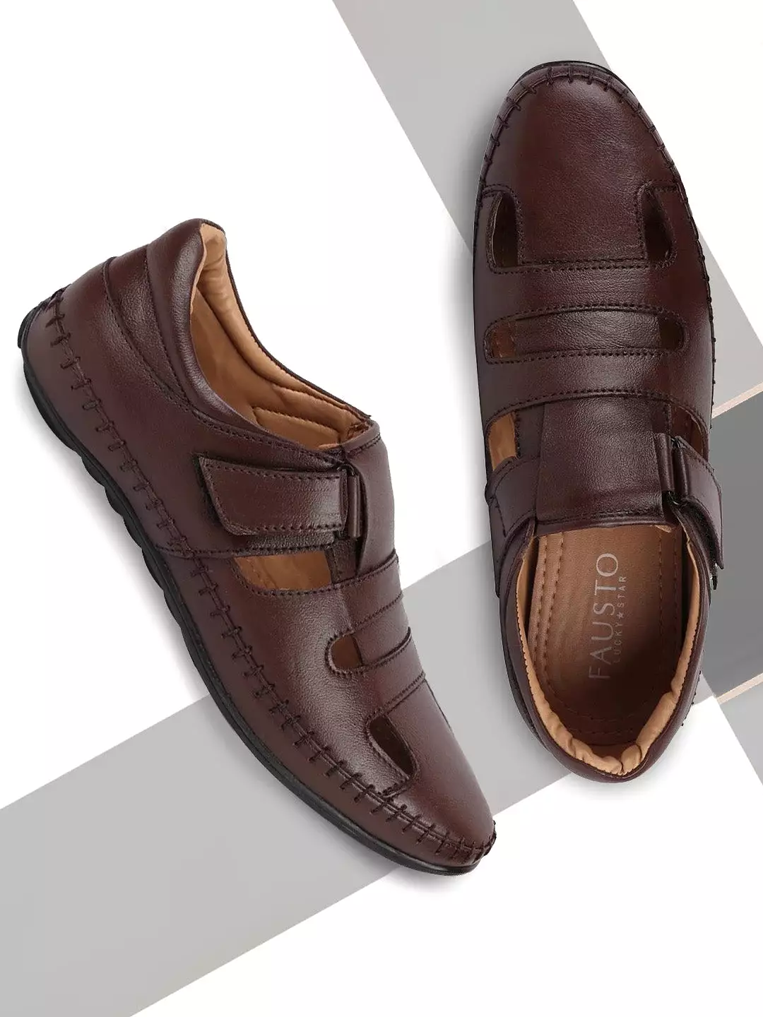 Men Brown Stitched Leather Fisherman Sandals