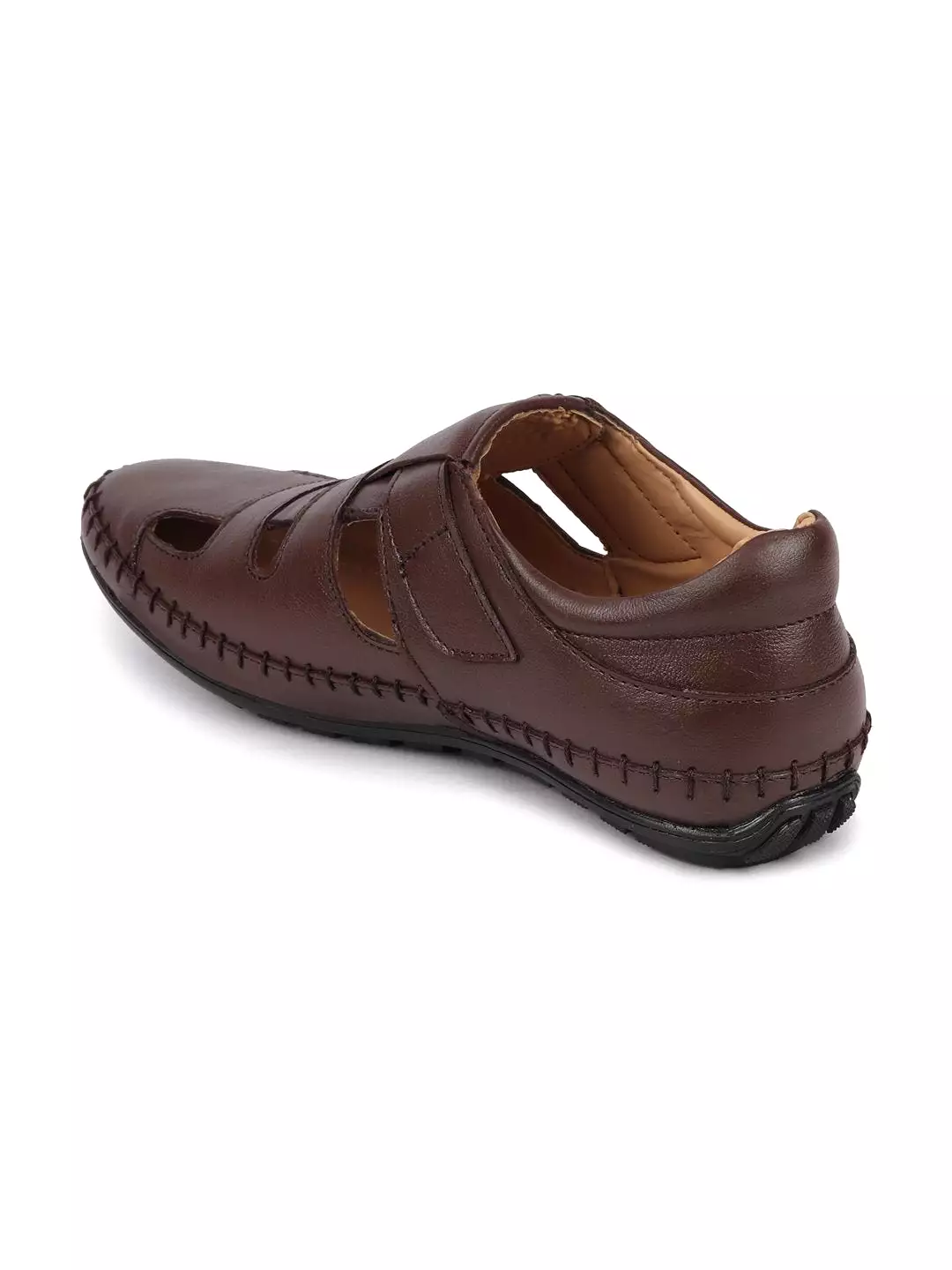 Men Brown Stitched Leather Fisherman Sandals