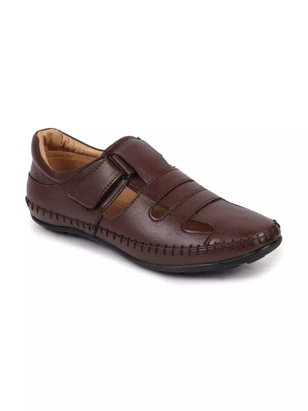 Men Brown Stitched Leather Fisherman Sandals