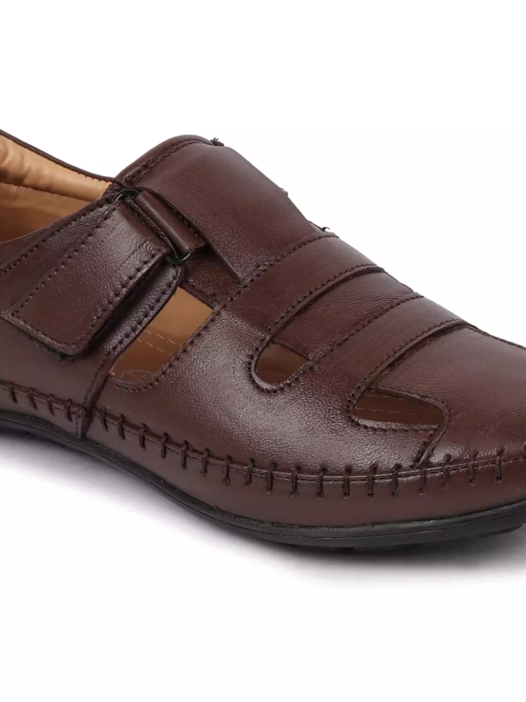 Men Brown Stitched Leather Fisherman Sandals