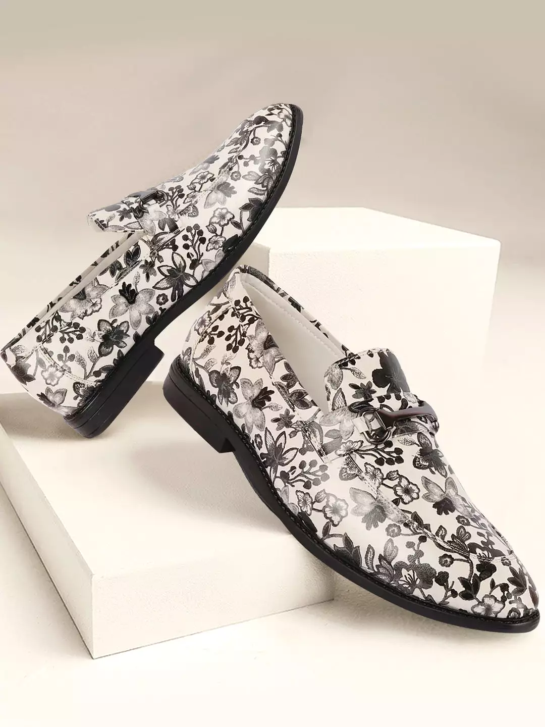 Men Grey Floral Print Horsebit Buckle Weekend Wedding Evening Party Shoes Loafers