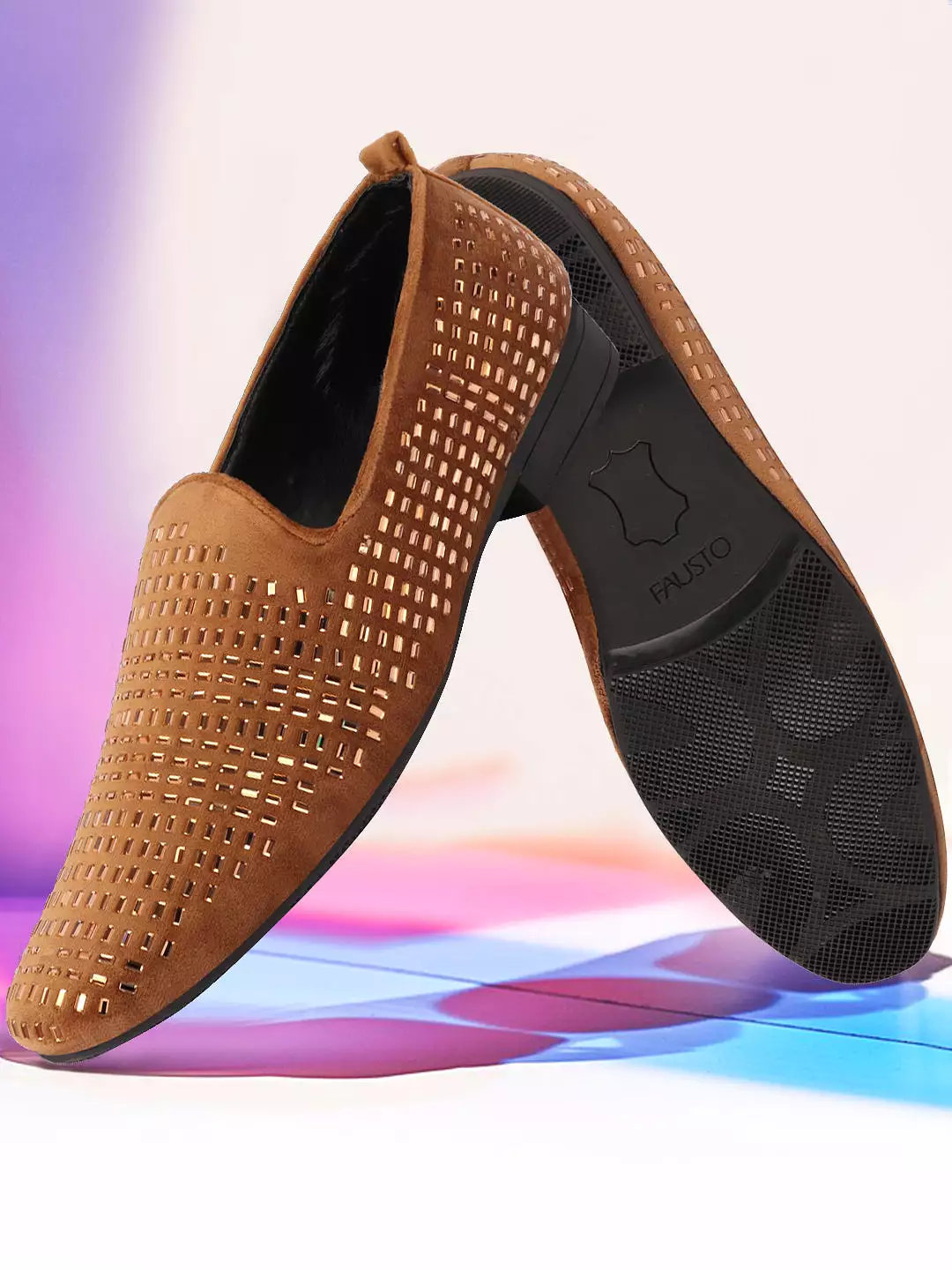 Men Tan Embellished Design Velvet Slip On Party Loafers Shoes