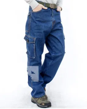 Men's Casual Cotton Baggy Pocket Decor Mid Waist Denim Cargo Trousers