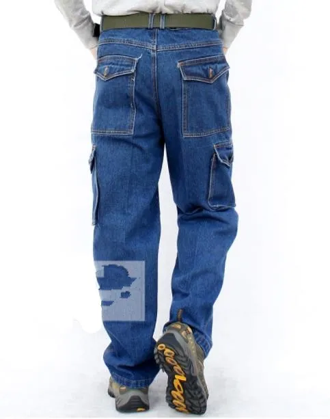 Men's Casual Cotton Baggy Pocket Decor Mid Waist Denim Cargo Trousers