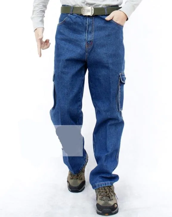 Men's Casual Cotton Baggy Pocket Decor Mid Waist Denim Cargo Trousers