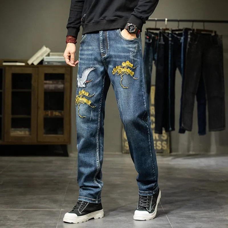 Men's Chinese Style Denim Embroidery Straight Leg Casual Trousers