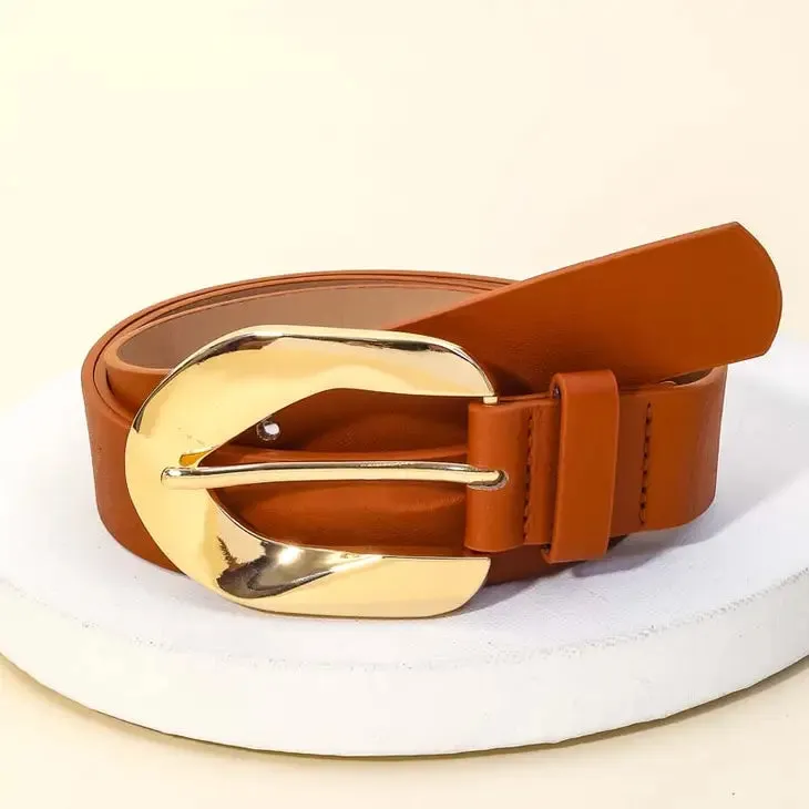 Metal Buckle Faux Leather Belt | Brown