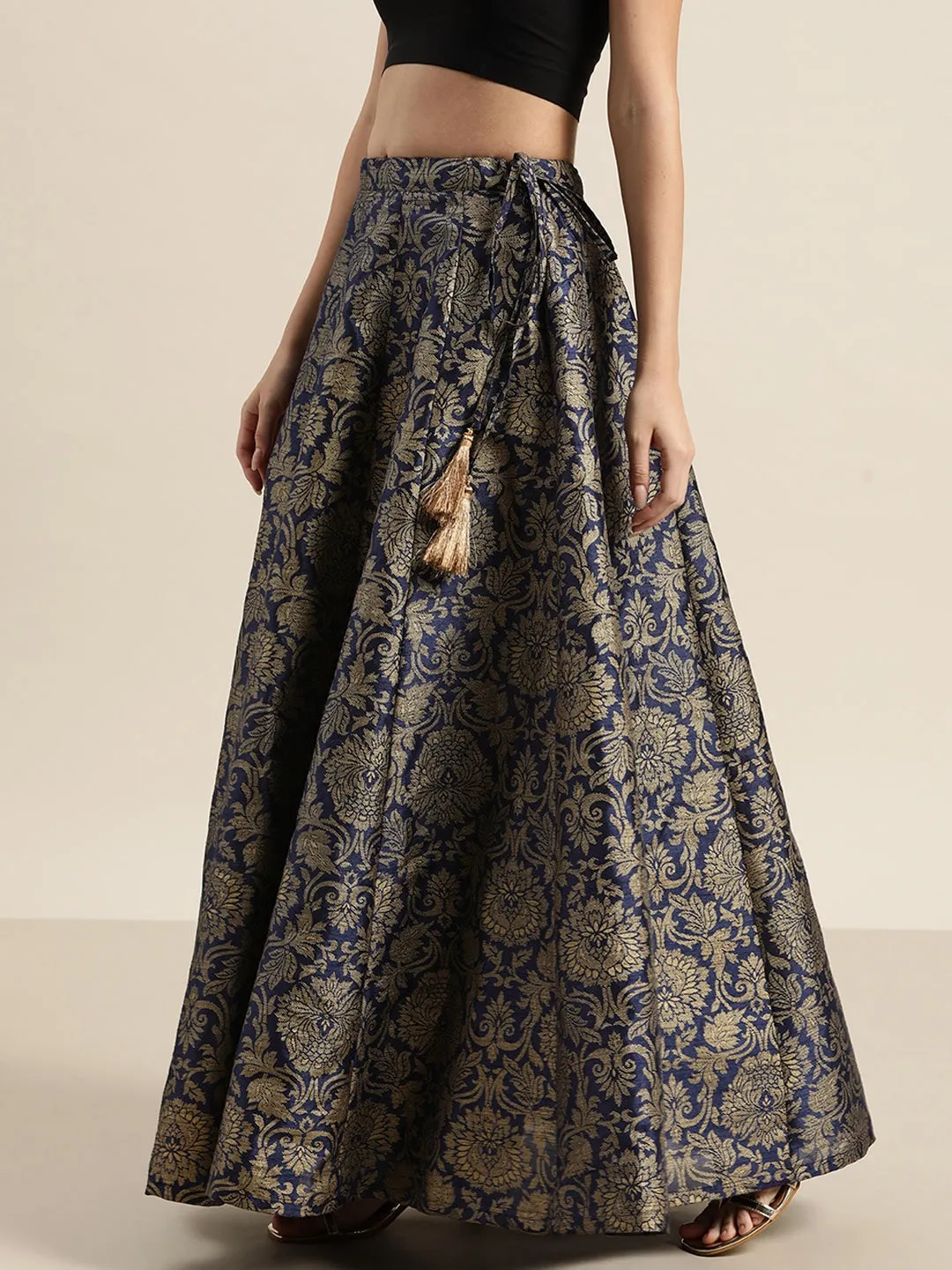 Navy Jacquard Floral Anarkali Skirt