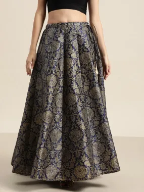 Navy Jacquard Floral Anarkali Skirt