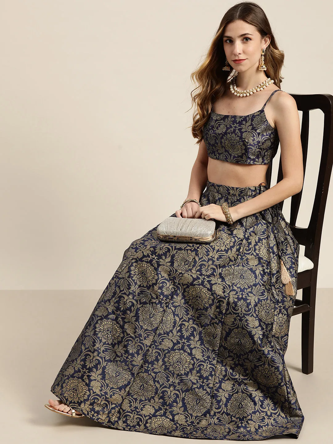 Navy Jacquard Floral Anarkali Skirt