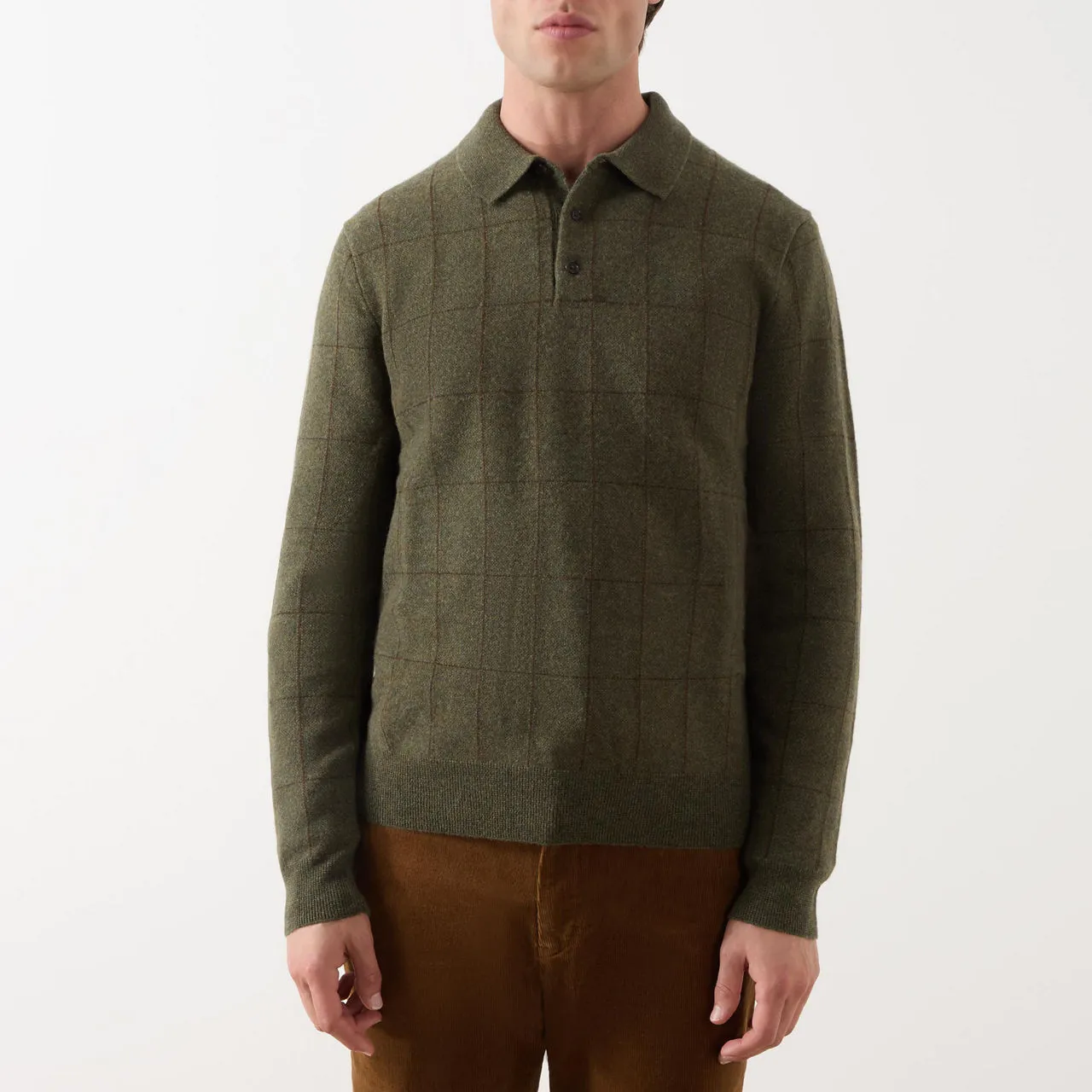 POLO RALPH LAUREN Grid Knitted Long-Sleeved Polo Shirt - Olive Combo