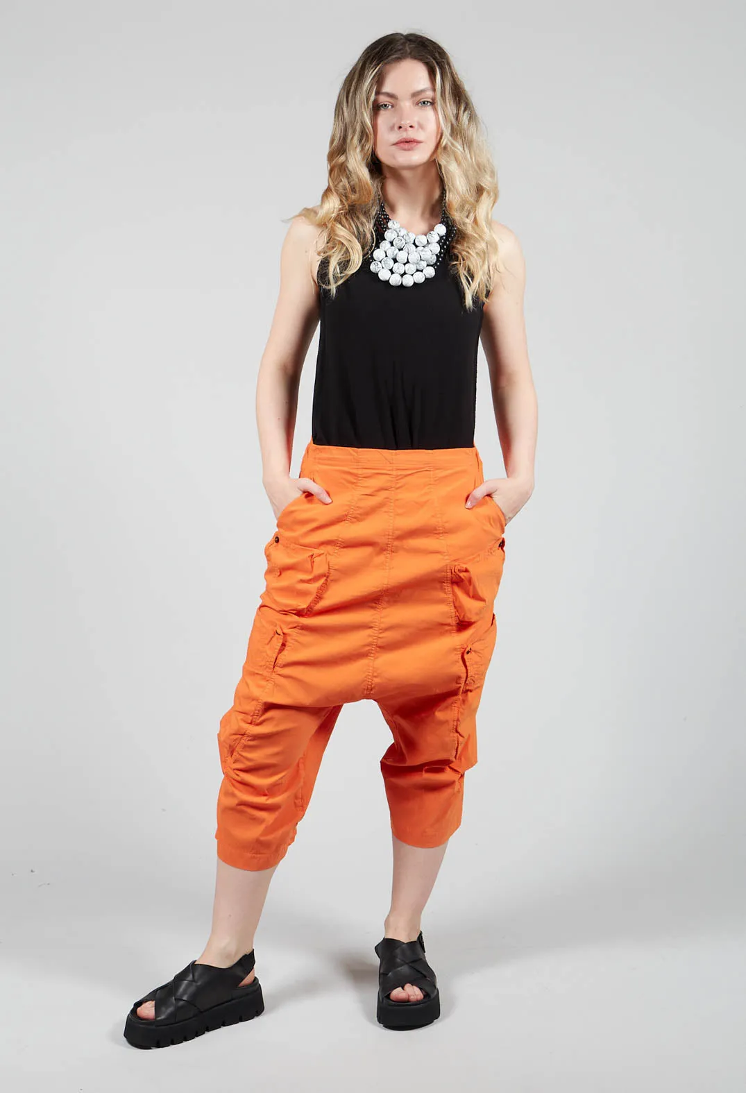 Short Drop Crotch Trousers With Side Pockets in Orange