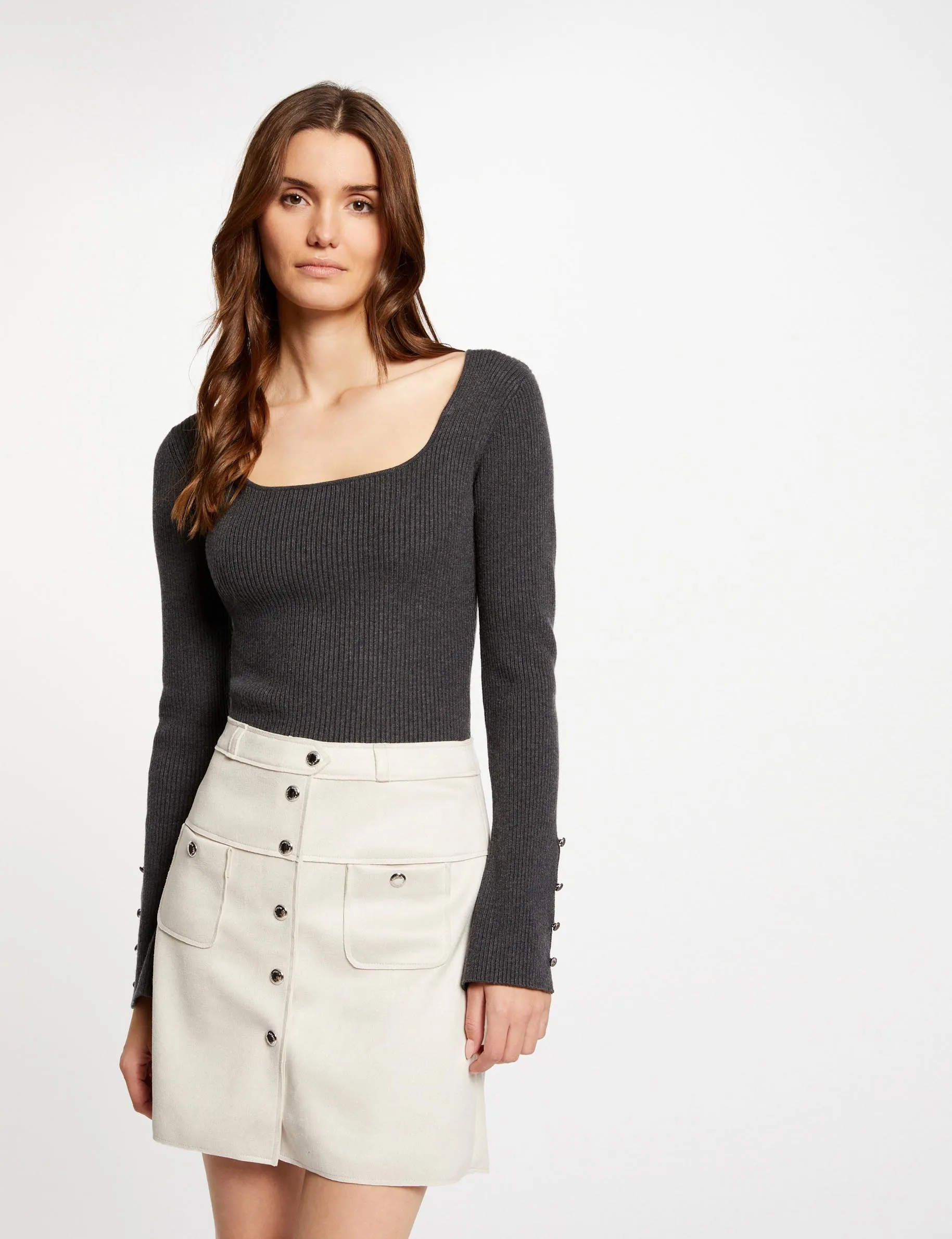 Straight short suede skirt ecru women