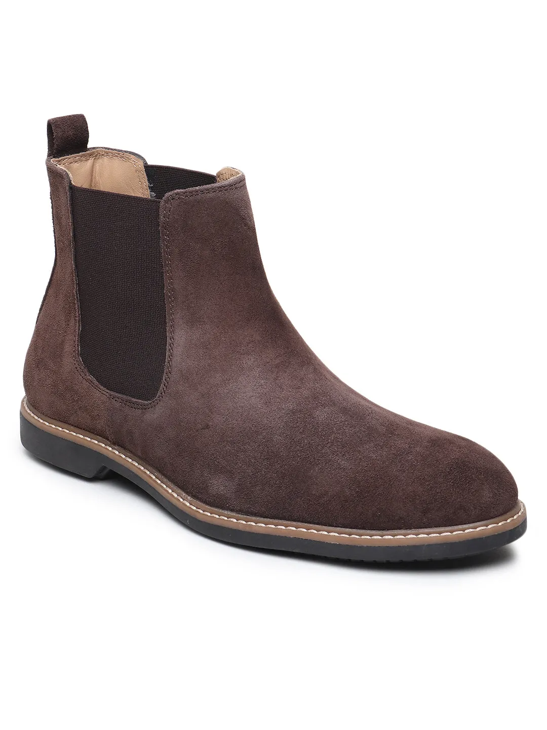 Teakwood Men Brown Solid Round Toe Suede Mid-Top Chalsea Boot