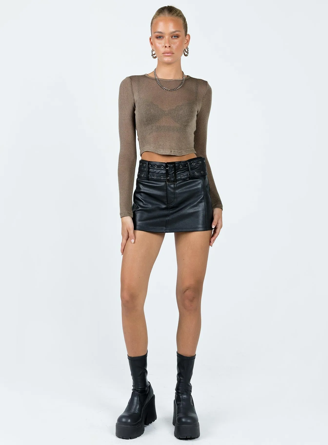 Torridon Eyelet Belt Faux Leather Mini Skirt Black