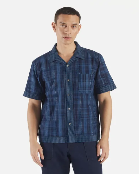 UNIVERSAL WORKS BORDER ROAD SHIRT IN INDIGO RAW/GINGHAM MIX