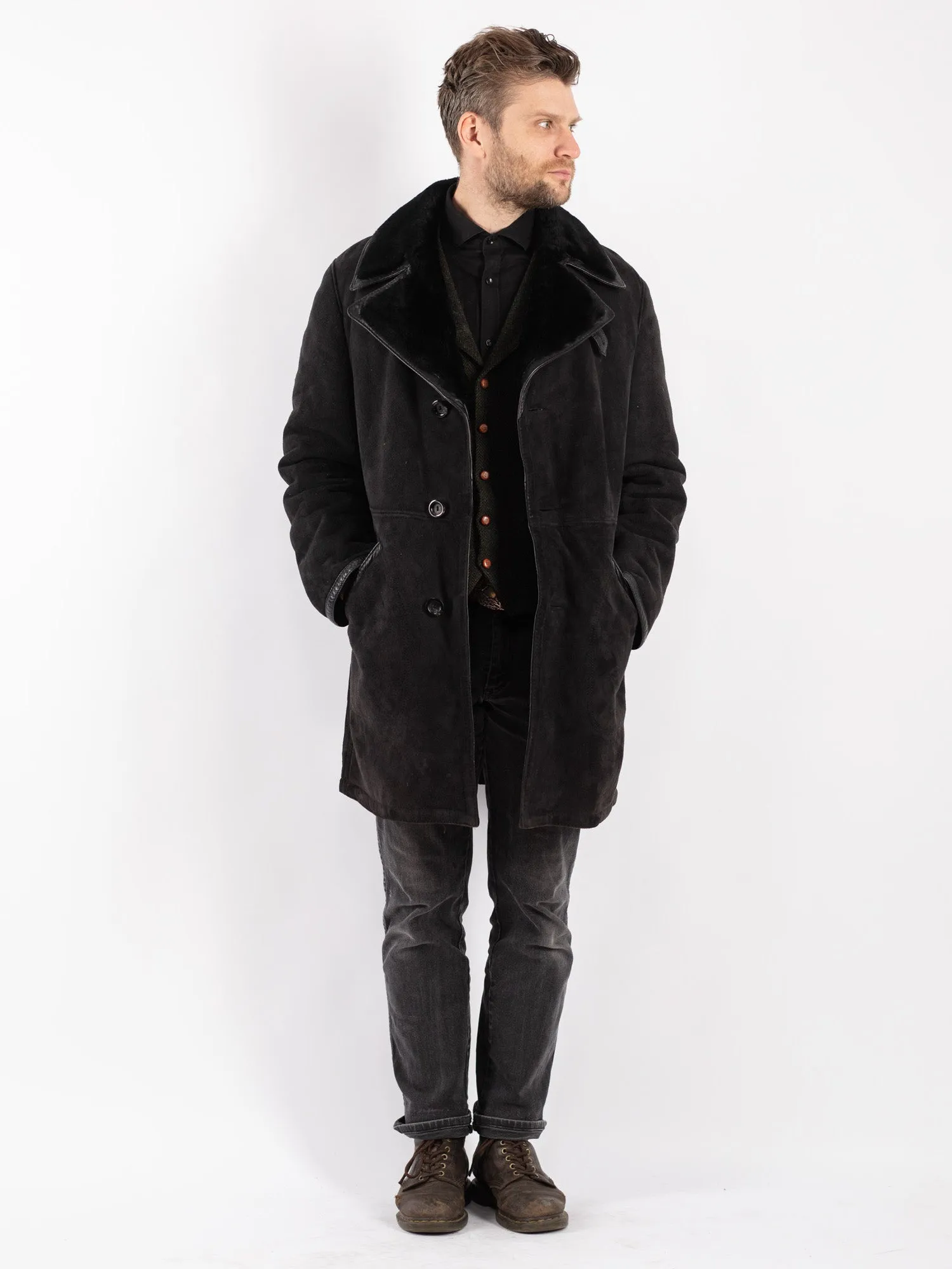 Vintage 70's Men Sheepskin Coat in Black