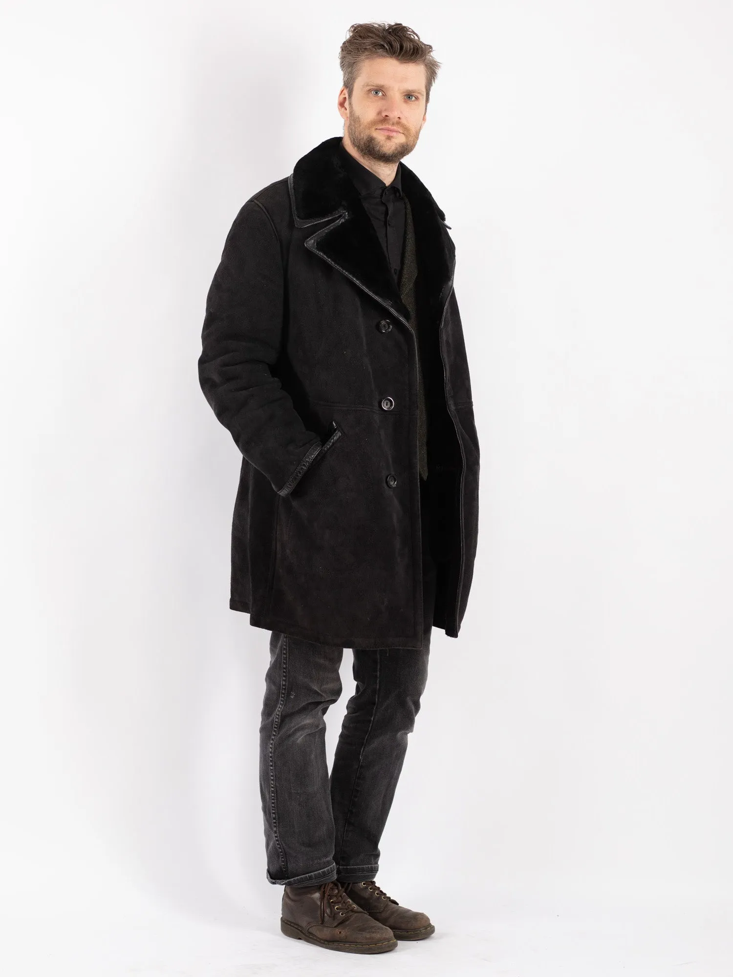 Vintage 70's Men Sheepskin Coat in Black