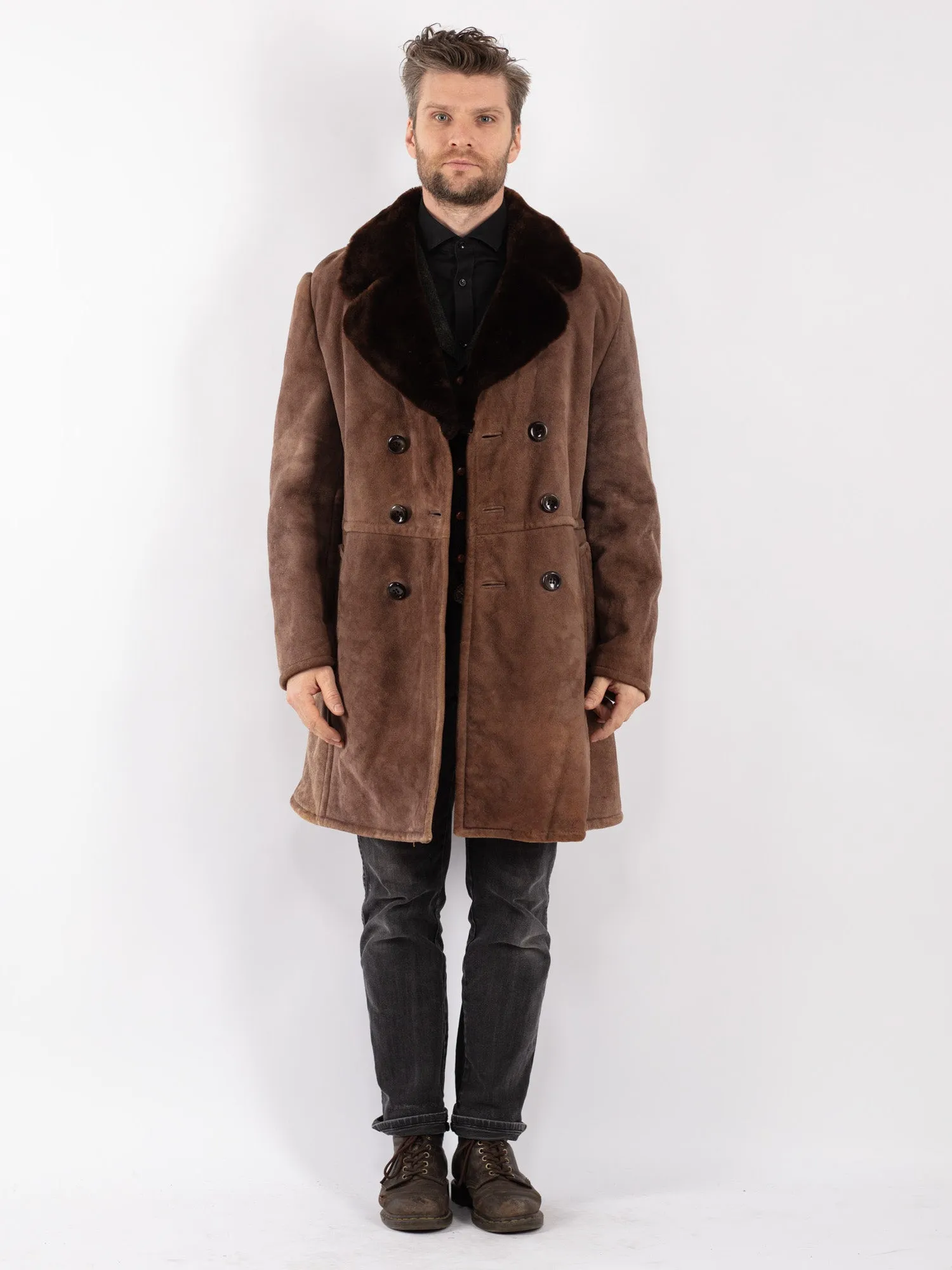 Vintage 70's Men Sheepskin Shearling Coat in Brown