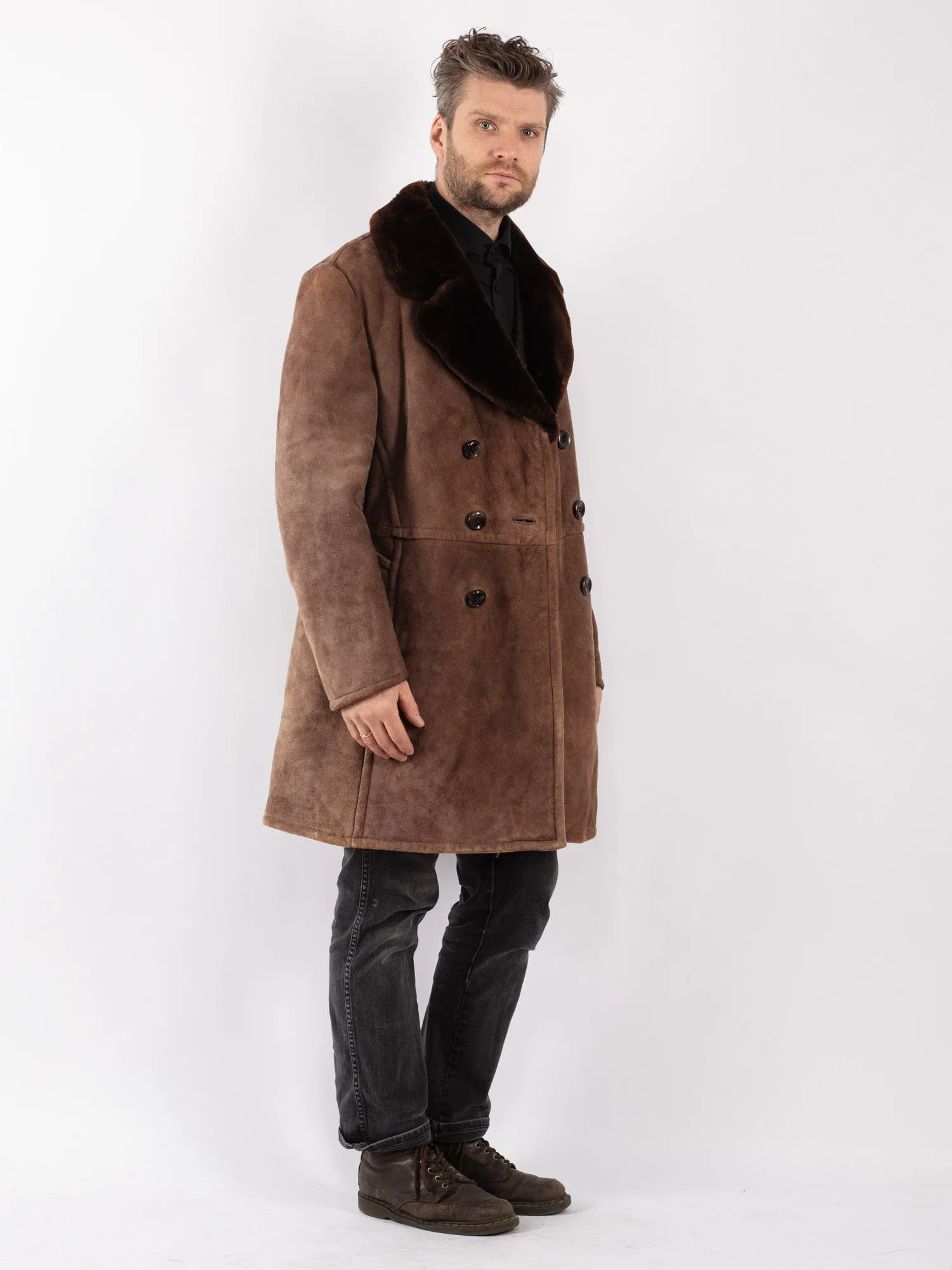 Vintage 70's Men Sheepskin Shearling Coat in Brown