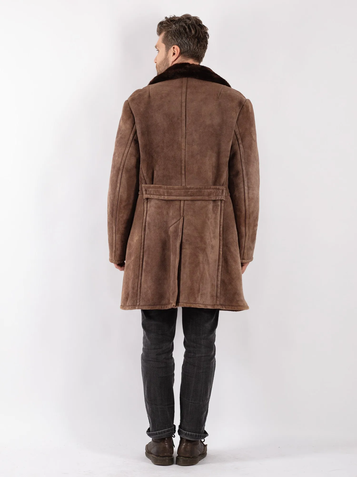 Vintage 70's Men Sheepskin Shearling Coat in Brown