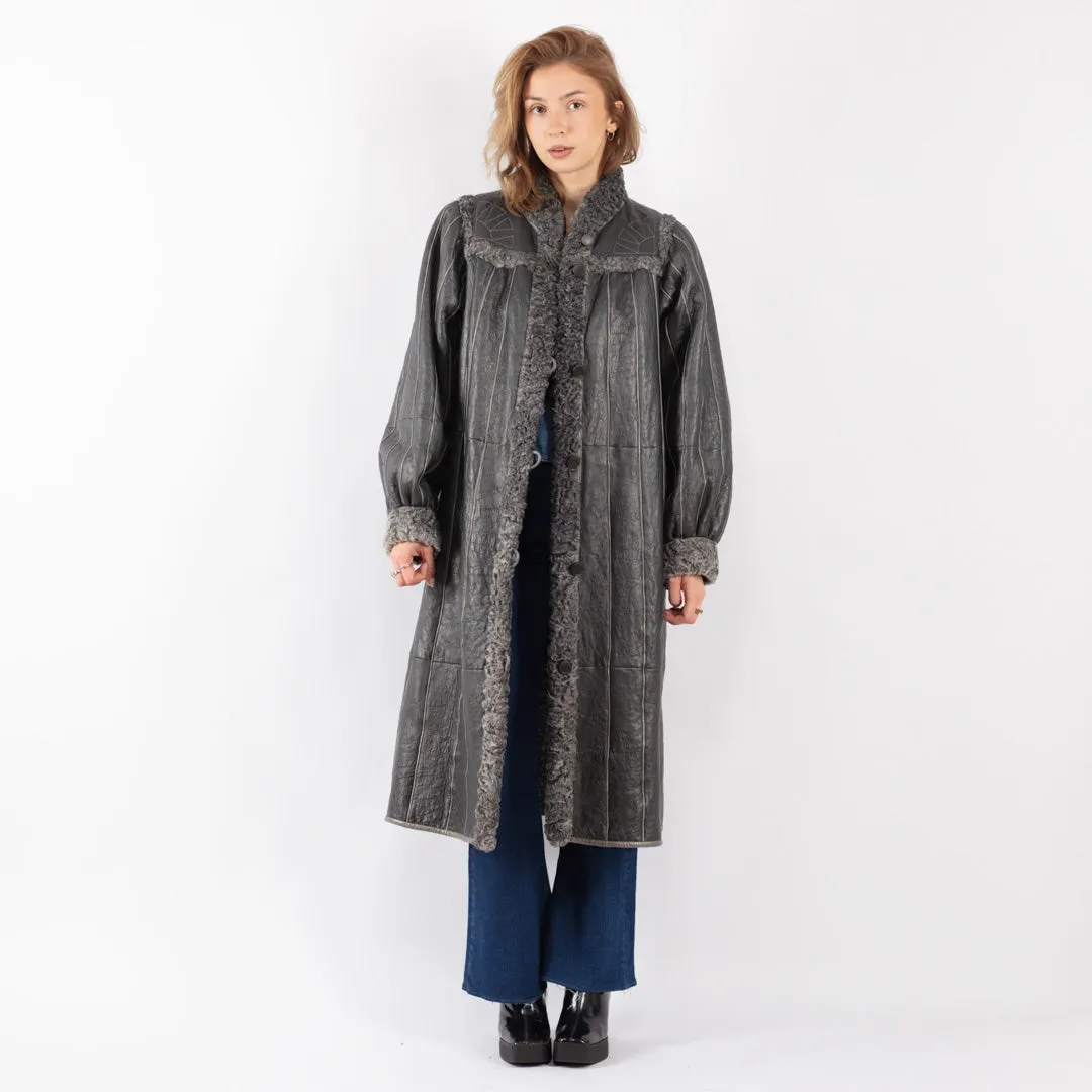 Vintage 70's Women Sheepskin Long Coat in Gray