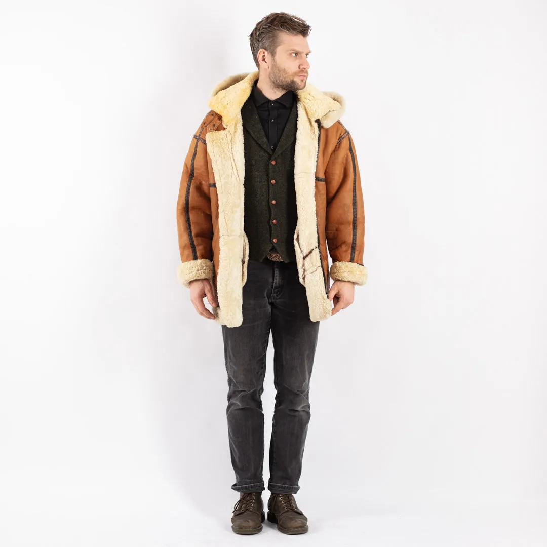 Vintage 80's Men Hooded Sheepskin Coat in Brown