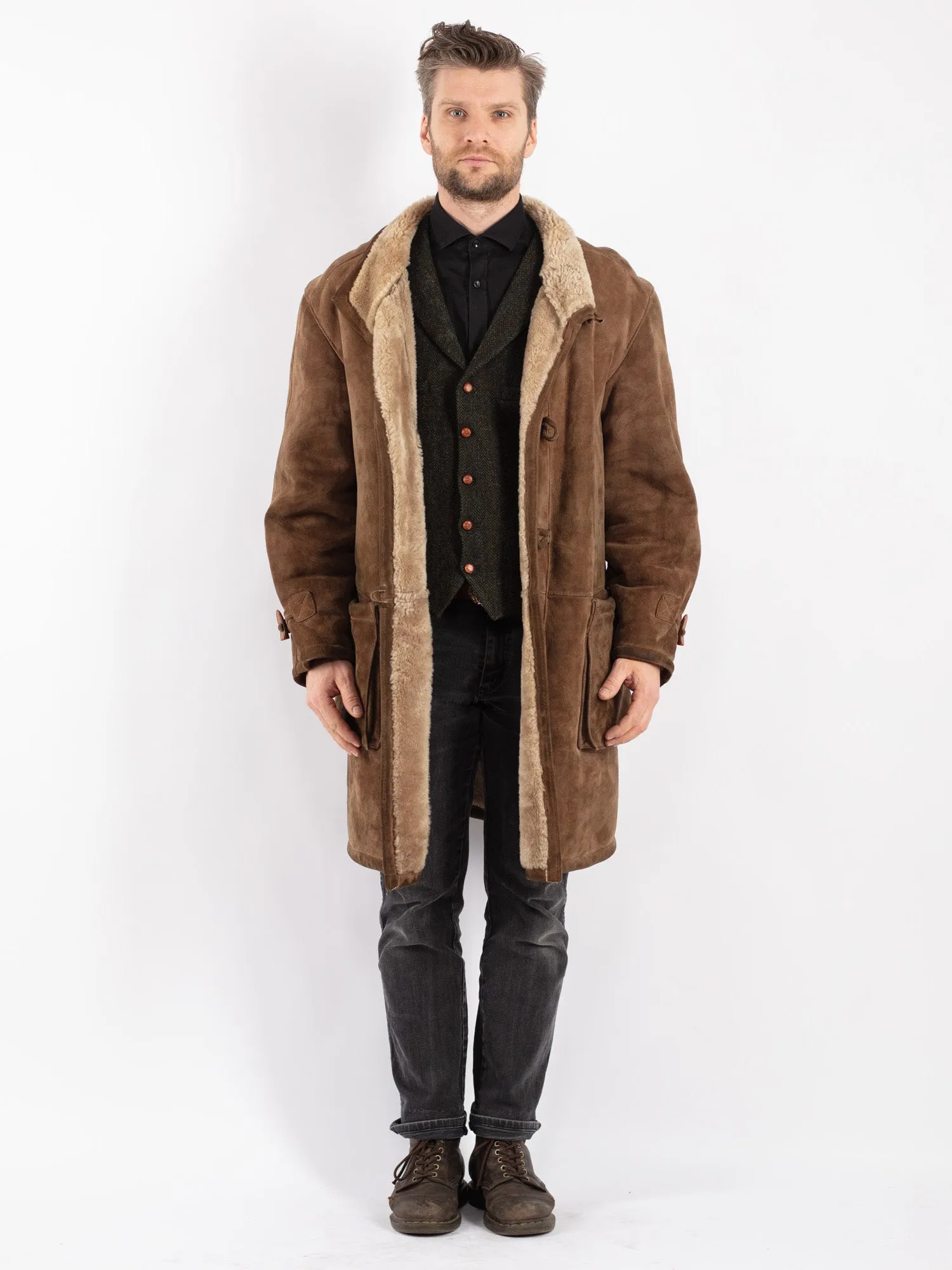 Vintage 80's Men Sheepskin Coat in Beige